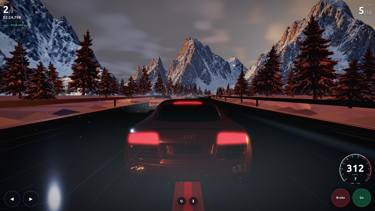 Alpine Apex gameplay from behind a red sports car racing rivals through snowy mountains at sunset