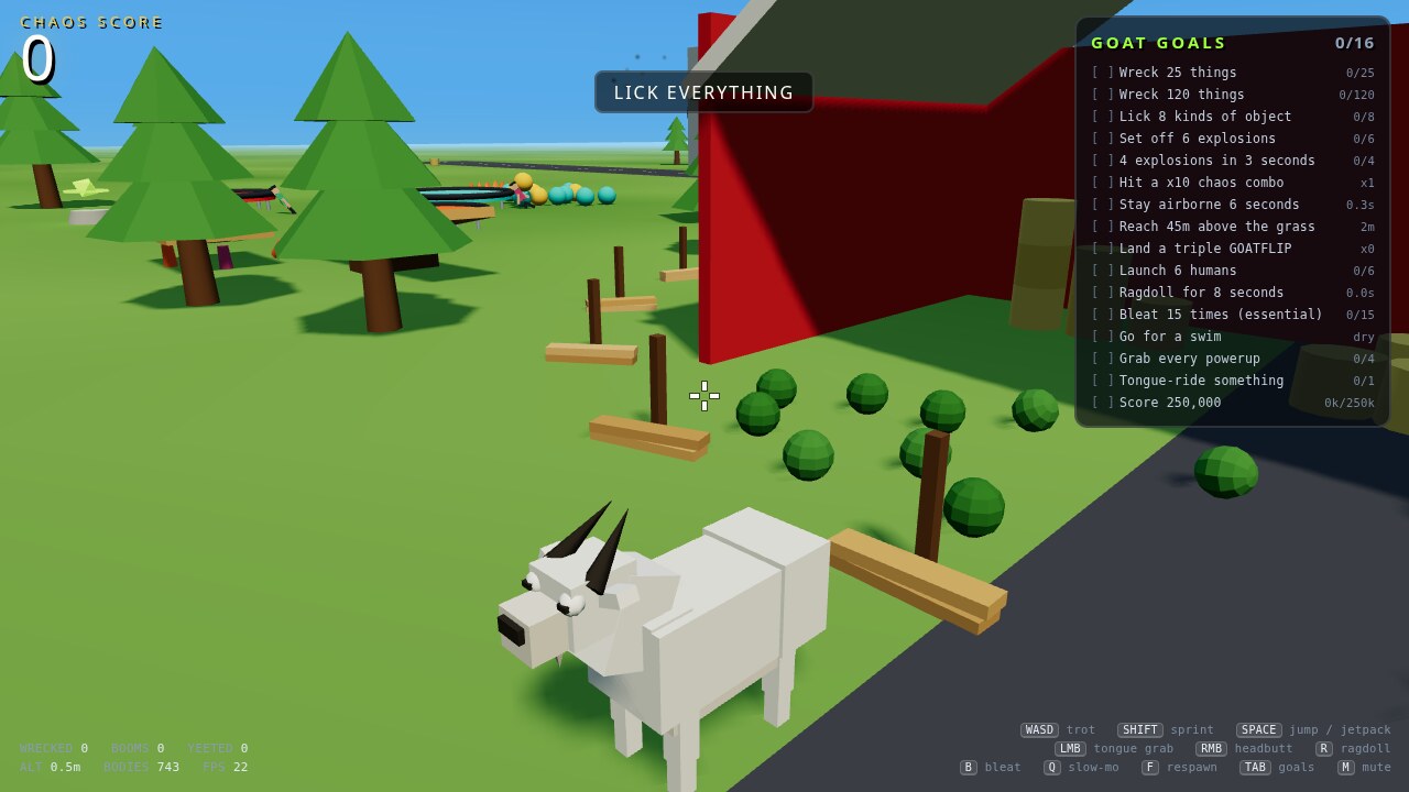 Bleatdown gameplay with a white goat beside a destructible red barn and a list of chaos goals