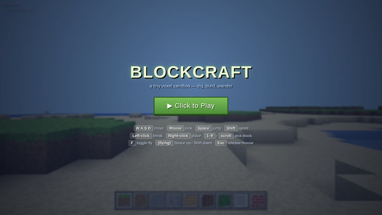Blockcraft: voxel sandbox with a hotbar of block types