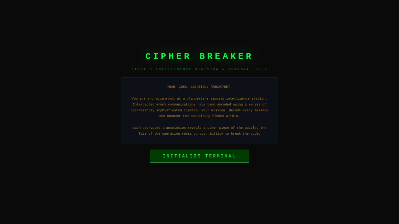CIPHER BREAKER: a green-on-black signals intelligence terminal