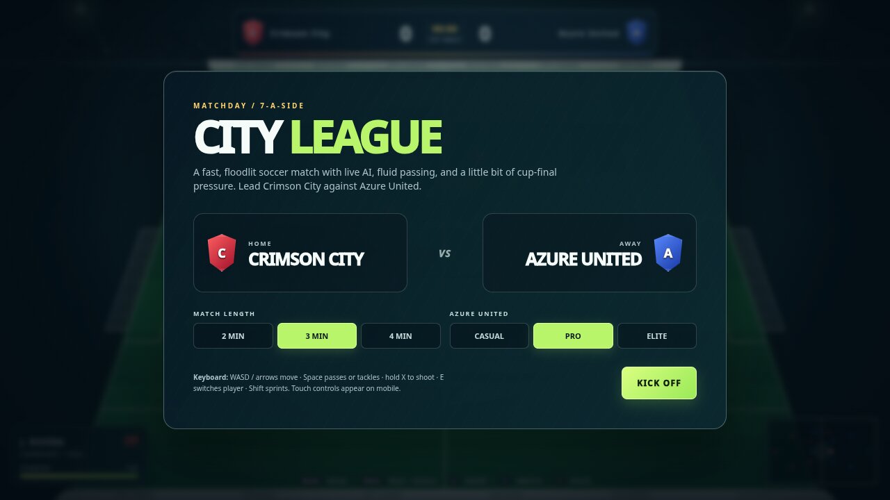 City League Matchday: soccer pitch with scoreboard and mini-map