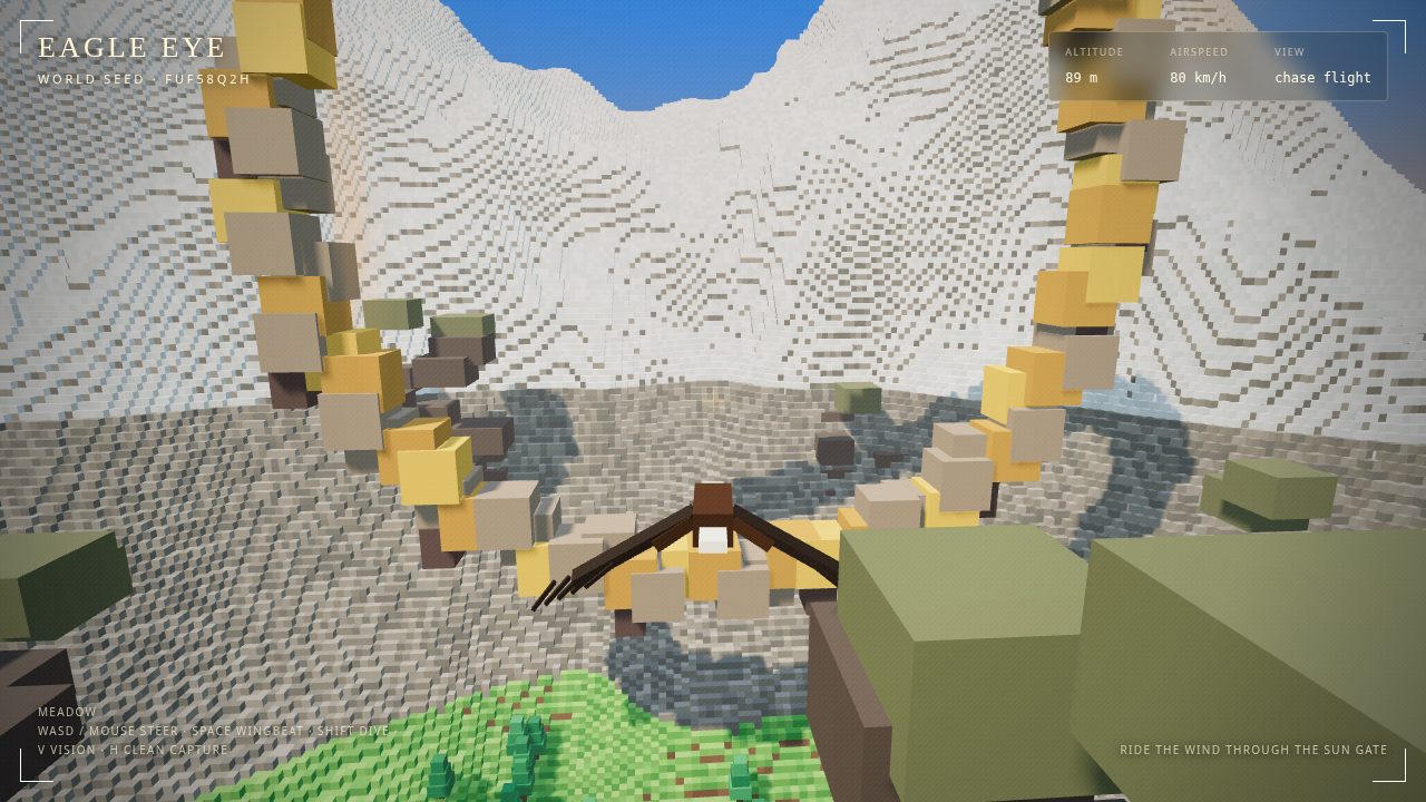 Eagle Eye: an eagle over a voxel wilderness toward the Sun Gate