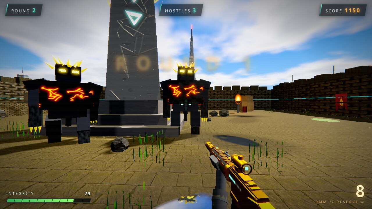 Ember Protocol gameplay with a gold rifle, glowing procedural enemies and a fortress obelisk