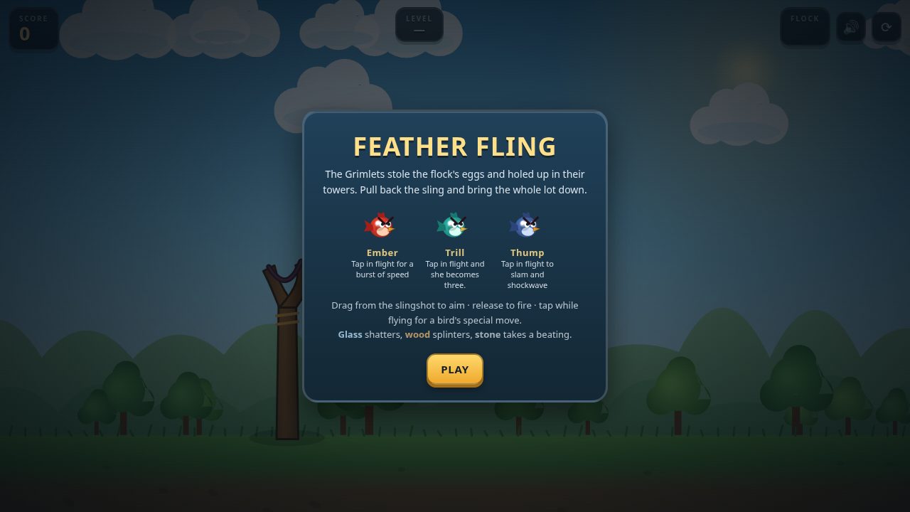 Feather Fling: a slingshot aimed at a wood and glass fortress