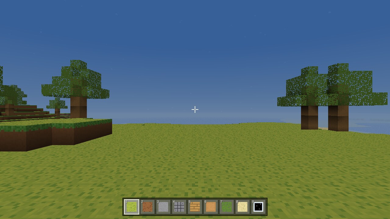 DeepSeek V4 Flash Vision Minecraft run showing a grassy voxel plain and blocky trees