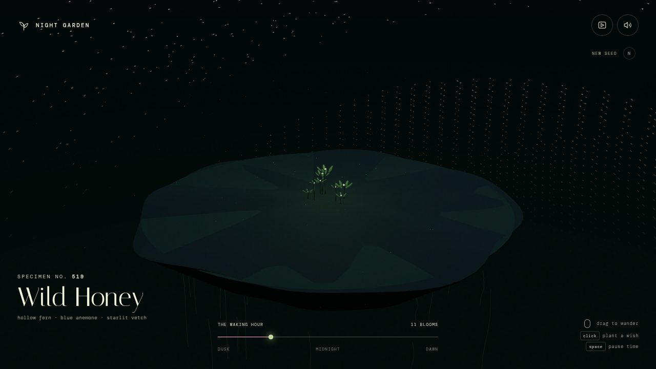 Night Garden: a luminous floating island of glowing flowers at night