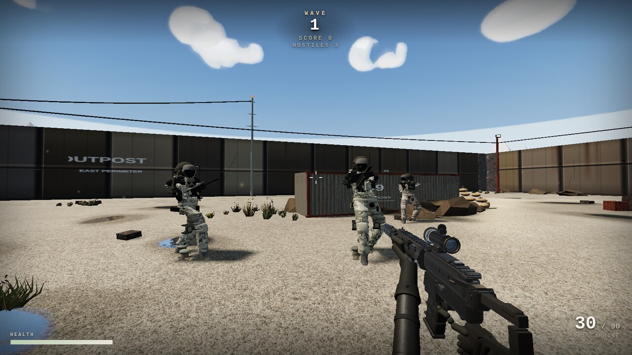 Outpost 9 gameplay with an M4A1 facing three armed operators in a sunlit military yard