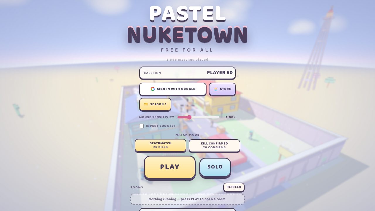 PASTEL NUKETOWN: a pastel free-for-all arena behind the match menu