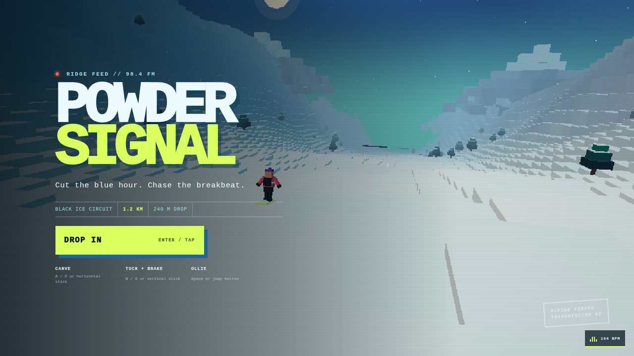 Powder Signal: a low-poly snowboarder on a PS1-style downhill run