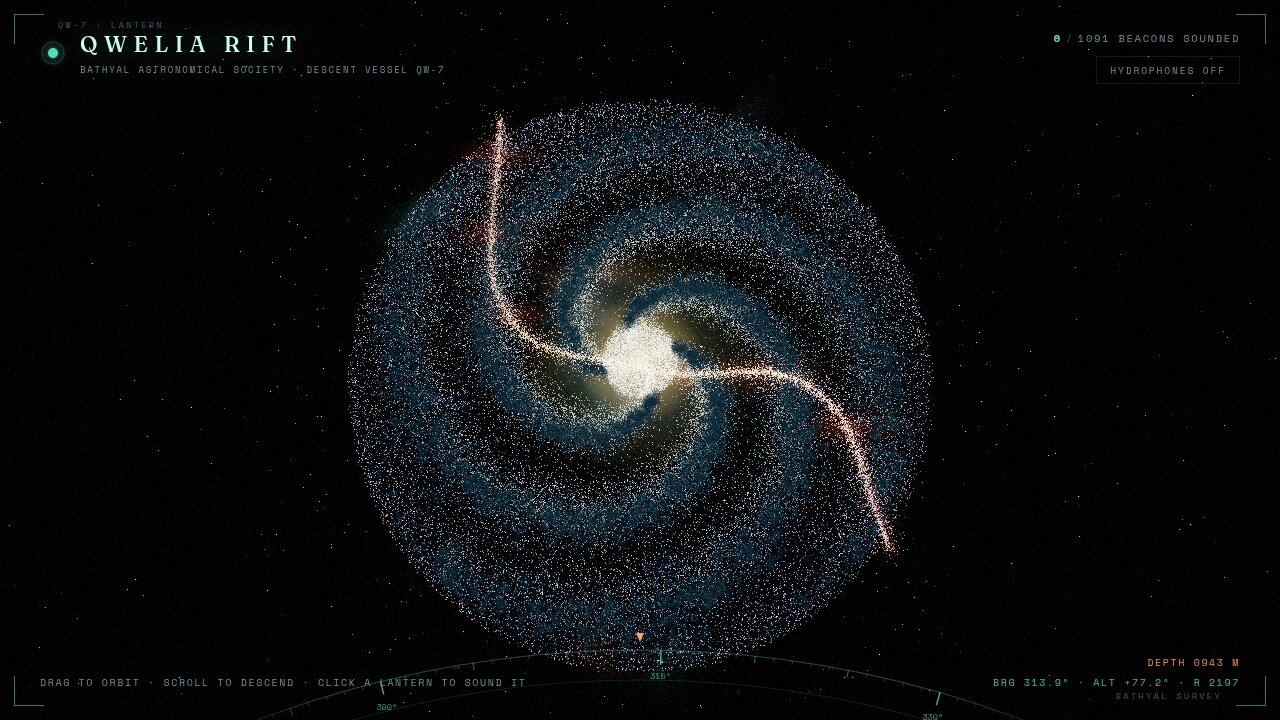 Qwelia Rift: a drowned galaxy of lantern-stars