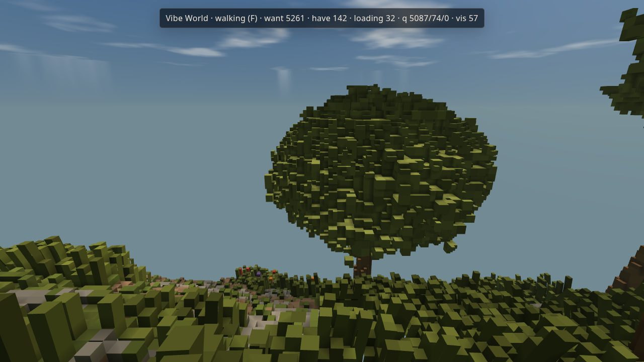 Vibe World: an open voxel landscape stretching to the horizon