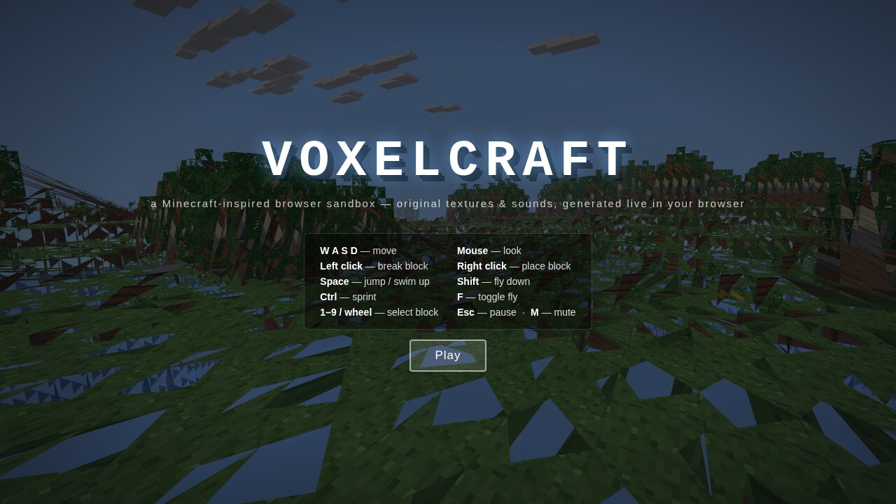 VoxelCraft by DeepSeek V4 Flash: a procedural voxel landscape behind the play menu