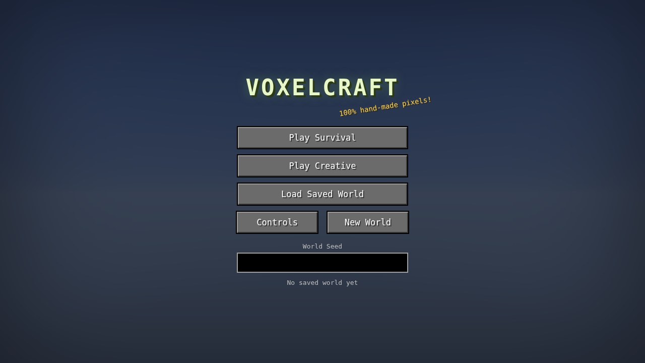 VoxelCraft title screen: Play Survival, Play Creative and a world-seed field