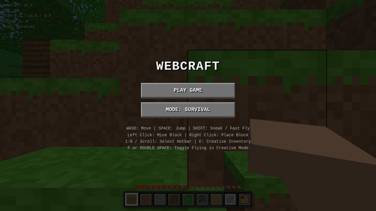 WebCraft by Gemini 3.6 Flash: a faithful voxel sandbox with the inventory open