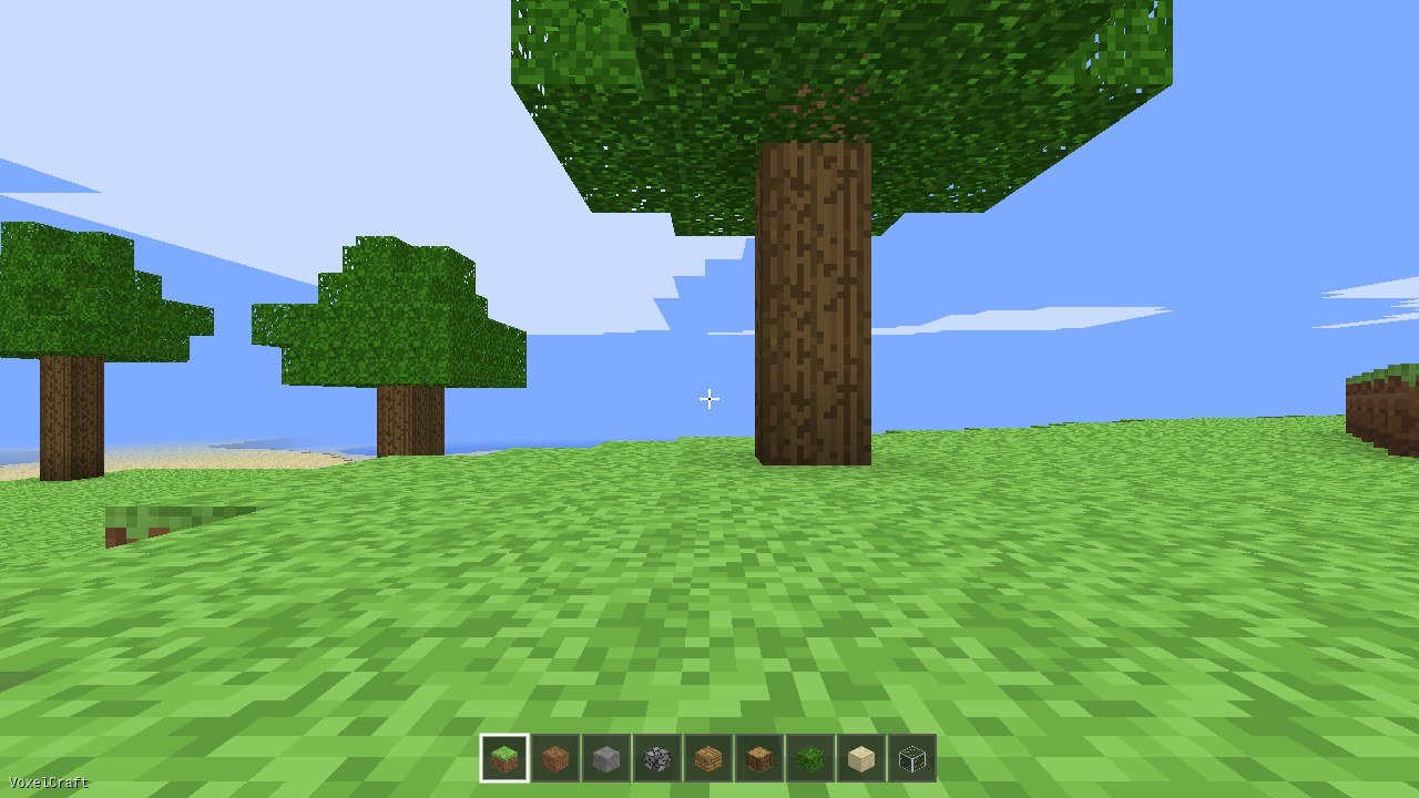 VoxelCraft: oak trees on a grassy plain with beach and sea