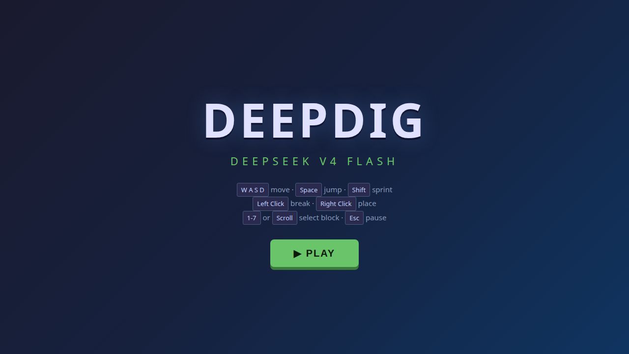 DeepDig title screen ready to launch the voxel sandbox