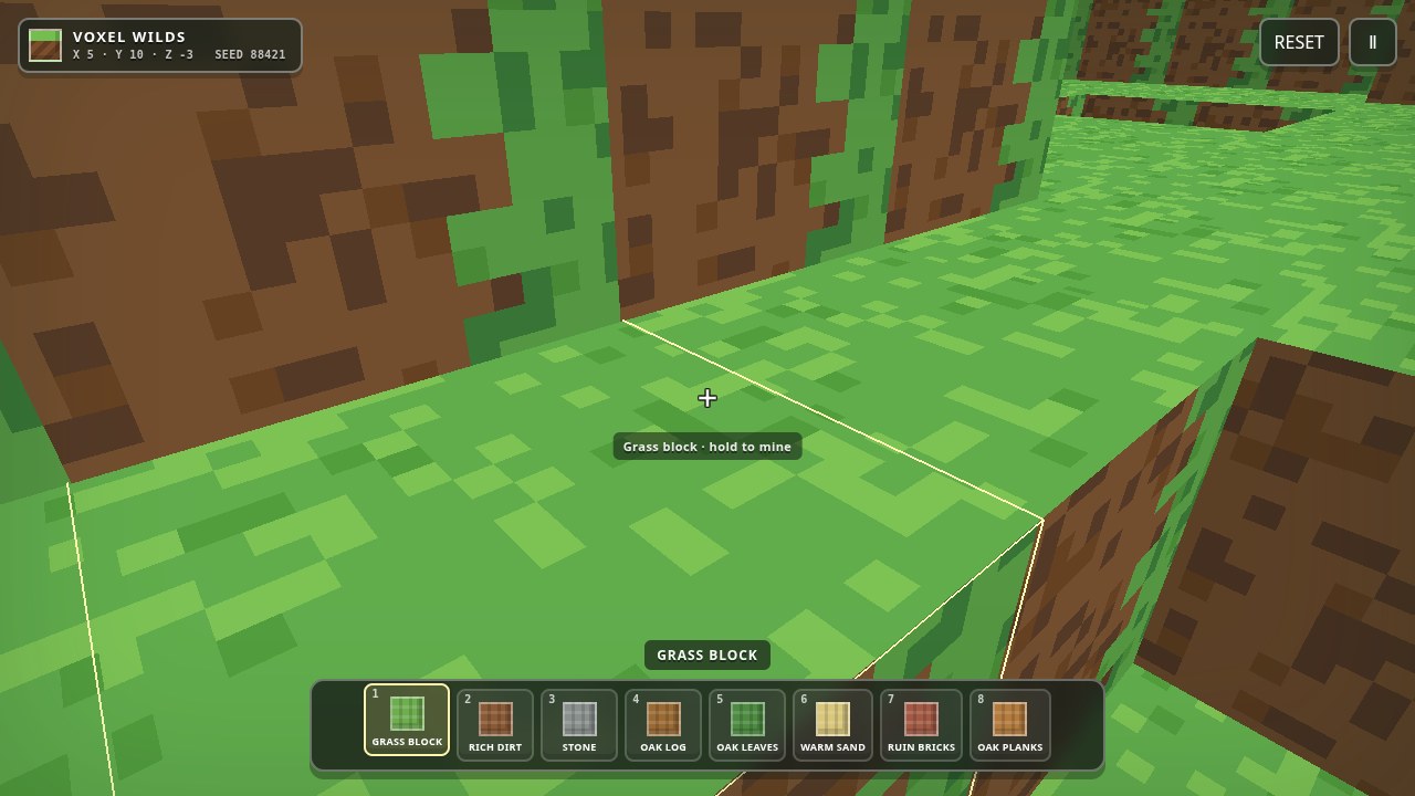 Voxel Wilds: terraced grass cliffs with the block hotbar