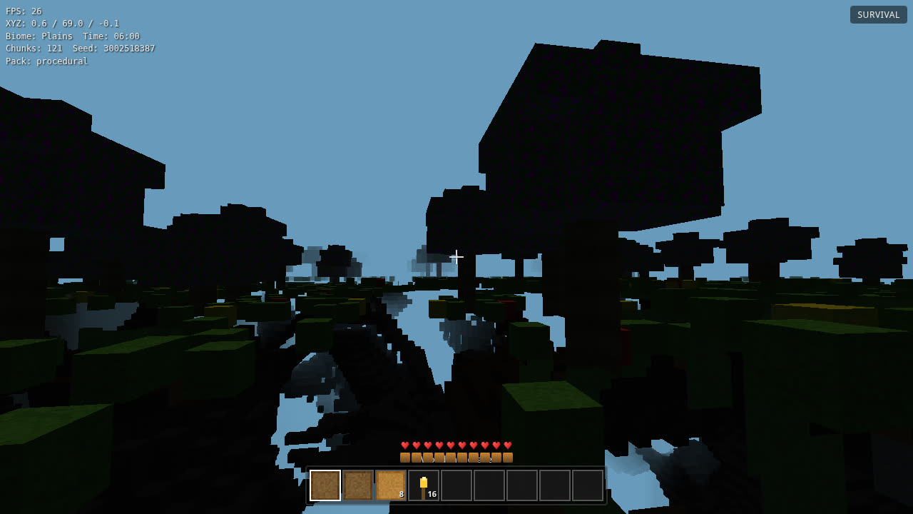 MineClone at in-game dawn: tree silhouettes over plains