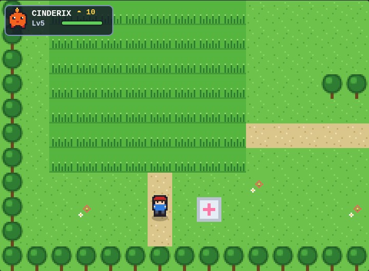 Verdant Quest: overworld with tall grass and the original monster Cinderix
