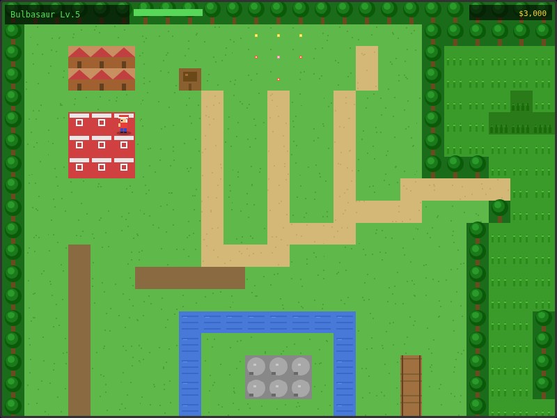 Pokemon Glimmer: town overworld with a Bulbasaur party HUD
