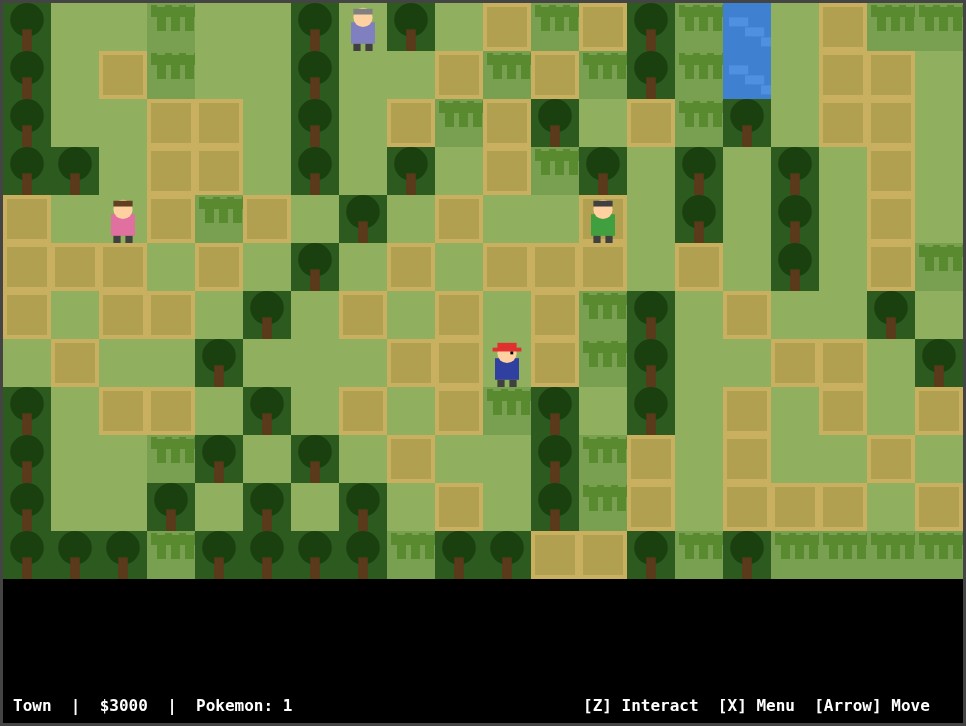 Pokemon Community Edition: town map with NPCs, trees and a pond